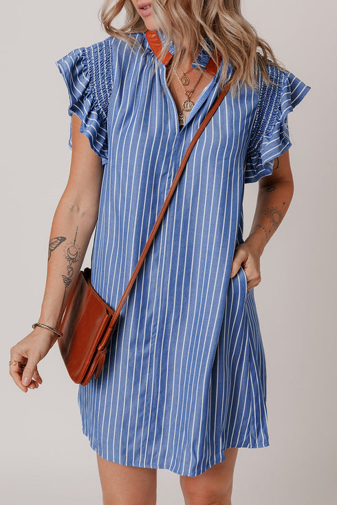 The Stripe Frilly Split Neck Shir Ruffle Sleeve Short Shift Dress