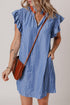 The Stripe Frilly Split Neck Shir Ruffle Sleeve Short Shift Dress