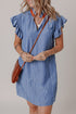 The Stripe Frilly Split Neck Shir Ruffle Sleeve Short Shift Dress