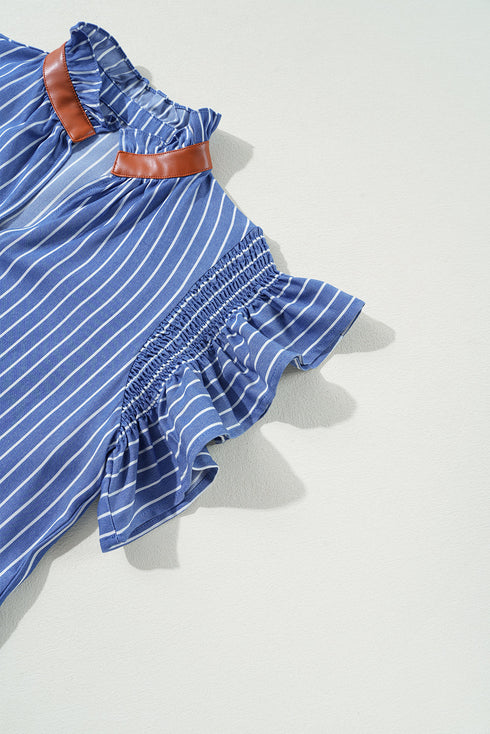 The Stripe Frilly Split Neck Shir Ruffle Sleeve Short Shift Dress