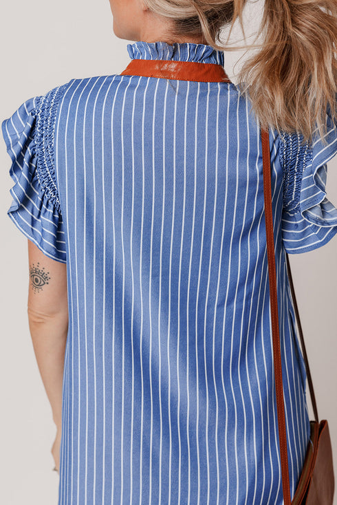 The Stripe Frilly Split Neck Shir Ruffle Sleeve Short Shift Dress