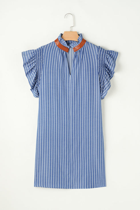 The Stripe Frilly Split Neck Shir Ruffle Sleeve Short Shift Dress