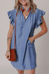 The Stripe Frilly Split Neck Shir Ruffle Sleeve Short Shift Dress
