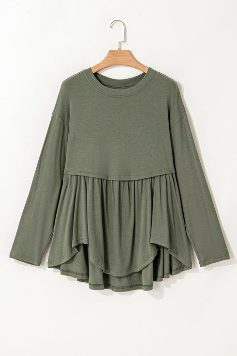 Thermal Ribbed Knit Babydoll Flare Long Sleeve Top