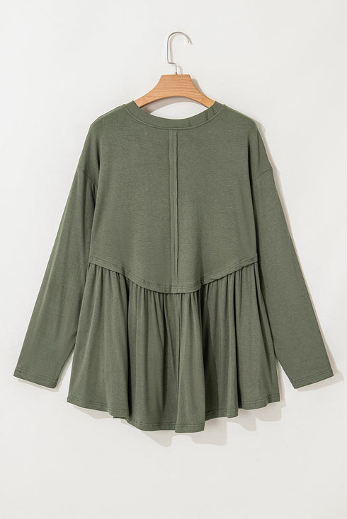 Thermal Ribbed Knit Babydoll Flare Long Sleeve Top