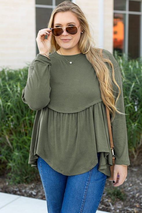 Thermal Ribbed Knit Babydoll Flare Long Sleeve Top