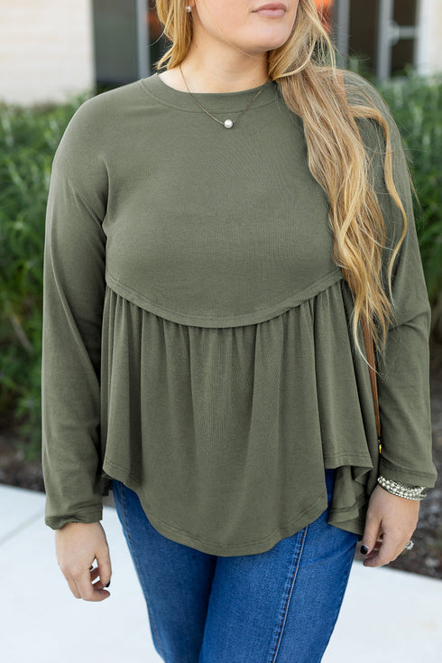 Thermal Ribbed Knit Babydoll Flare Long Sleeve Top