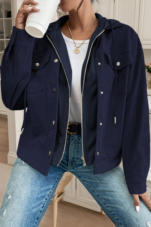 Thermal Waffle Two In One Hoodie Insert Snap Front Collared Flap Pocket Jacket