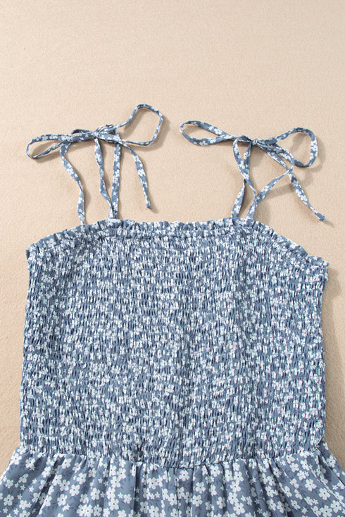 Thin Straps Smocked Bodice Wide Leg Floral Jumpsuit