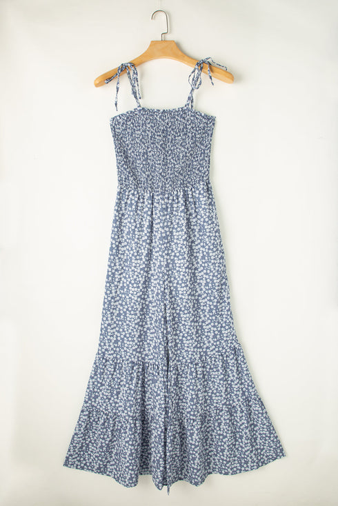 Thin Straps Smocked Bodice Wide Leg Floral Jumpsuit