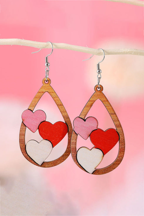 Three Heart Motif Wooden Water Drop Earrings