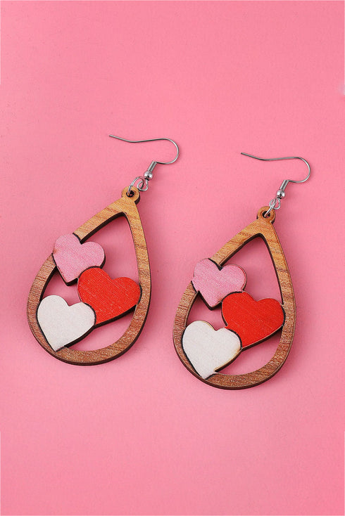 Three Heart Motif Wooden Water Drop Earrings