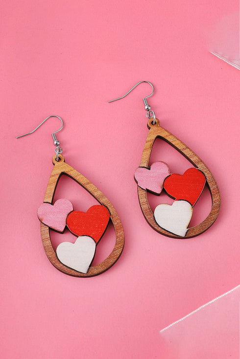 Three Heart Motif Wooden Water Drop Earrings