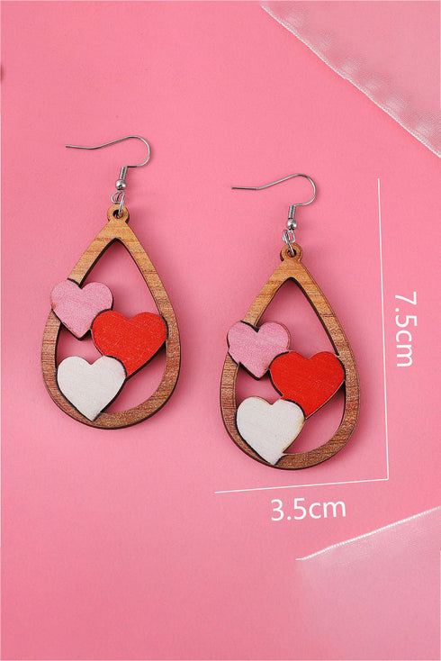 Three Heart Motif Wooden Water Drop Earrings