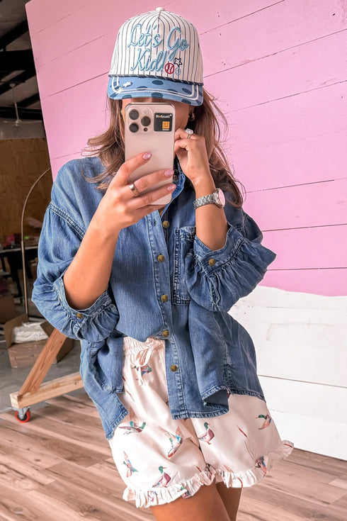 Three Quarter Sleeve Button Front Loose Denim Blouse