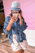 Three Quarter Sleeve Button Front Loose Denim Blouse