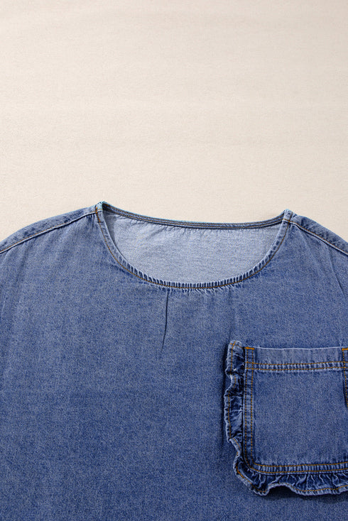Three Quarter Sleeve Ruffled Patch Pocket Denim Blouse