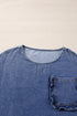 Three Quarter Sleeve Ruffled Patch Pocket Denim Blouse