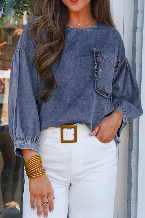 Three Quarter Sleeve Ruffled Patch Pocket Denim Blouse