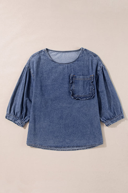 Three Quarter Sleeve Ruffled Patch Pocket Denim Blouse