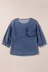 Three Quarter Sleeve Ruffled Patch Pocket Denim Blouse