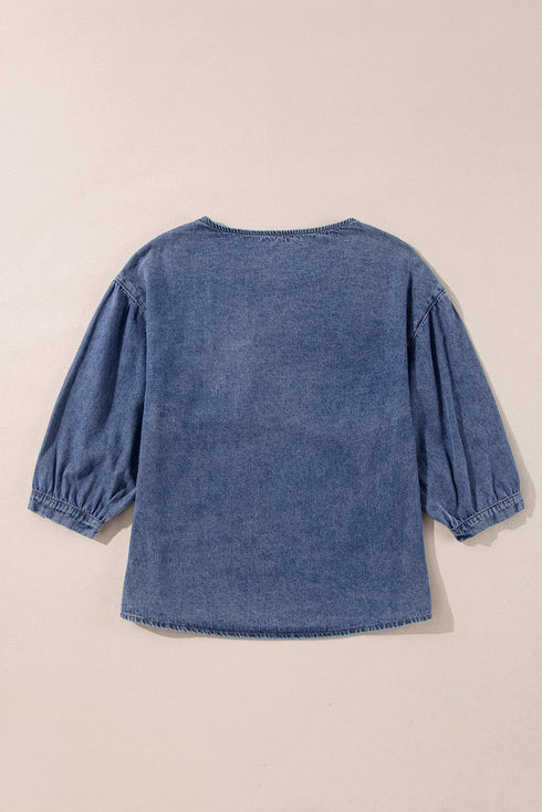 Three Quarter Sleeve Ruffled Patch Pocket Denim Blouse