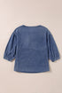 Three Quarter Sleeve Ruffled Patch Pocket Denim Blouse