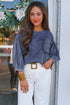 Three Quarter Sleeve Ruffled Patch Pocket Denim Blouse