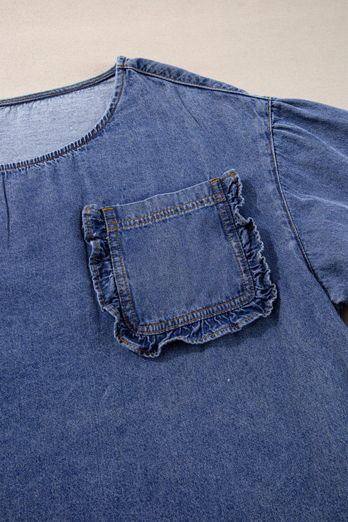 Three Quarter Sleeve Ruffled Patch Pocket Denim Blouse