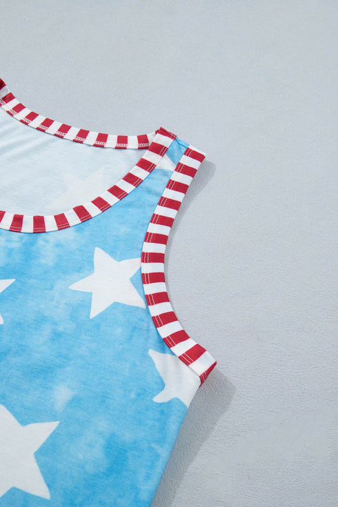 Tie Dye Star Print Striped Trim Casual Tank Top