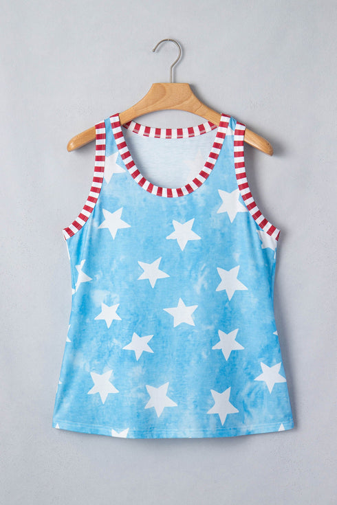 Tie Dye Star Print Striped Trim Casual Tank Top