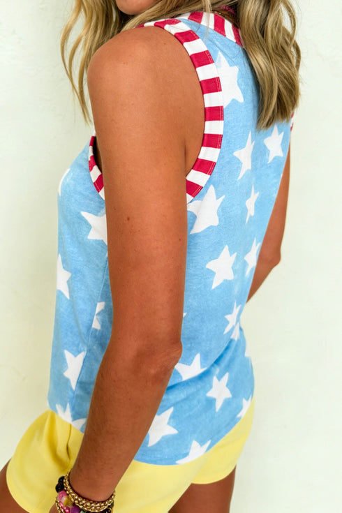 Tie Dye Star Print Striped Trim Casual Tank Top