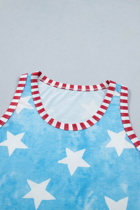 Tie Dye Star Print Striped Trim Casual Tank Top