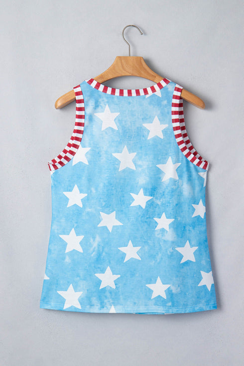 Tie Dye Star Print Striped Trim Casual Tank Top