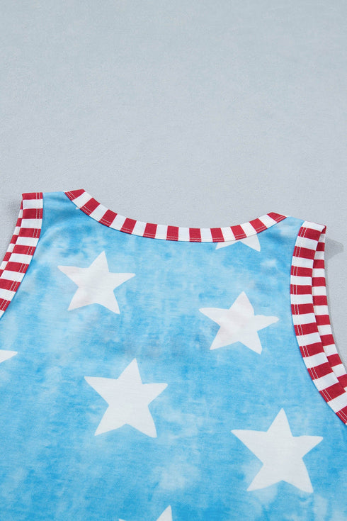 Tie Dye Star Print Striped Trim Casual Tank Top