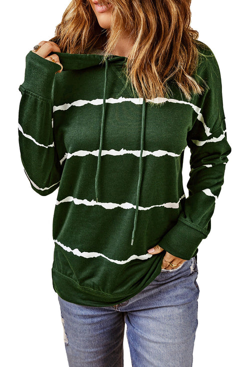 Tie-Dye Striped Drawstring Hoodie With Side Split Tops