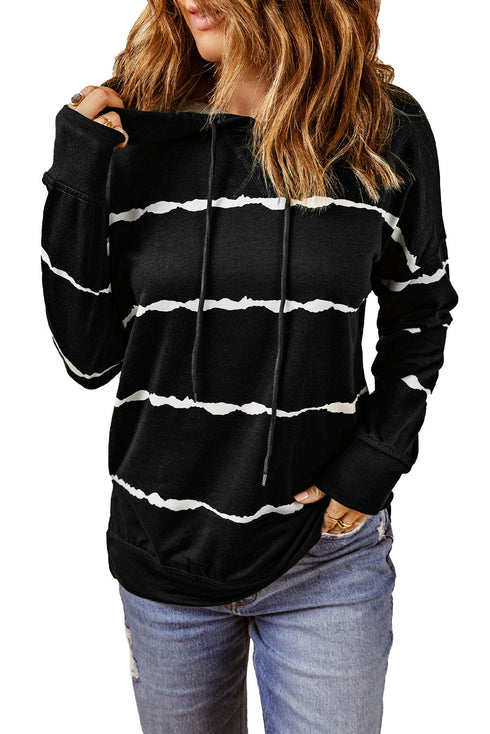 Tie-Dye Striped Drawstring Hoodie With Side Split Tops