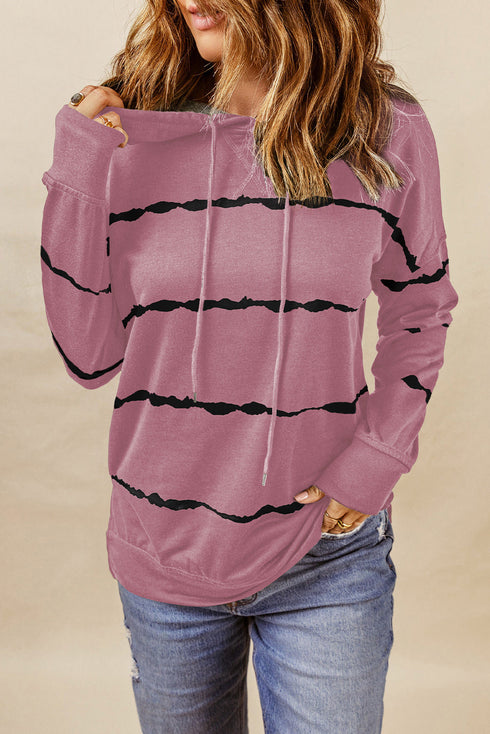 Tie-Dye Striped Drawstring Hoodie With Side Split Tops