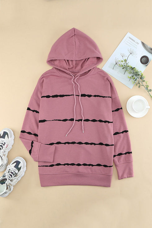 Tie-Dye Striped Drawstring Hoodie With Side Split Tops