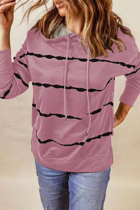 Tie-Dye Striped Drawstring Hoodie With Side Split Tops