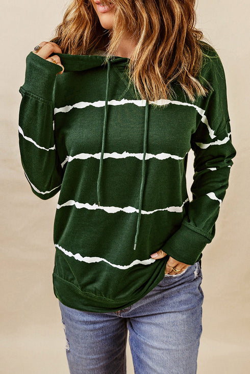 Tie-Dye Striped Drawstring Hoodie With Side Split Tops