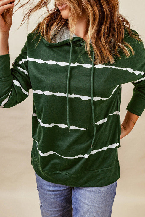 Tie-Dye Striped Drawstring Hoodie With Side Split Tops
