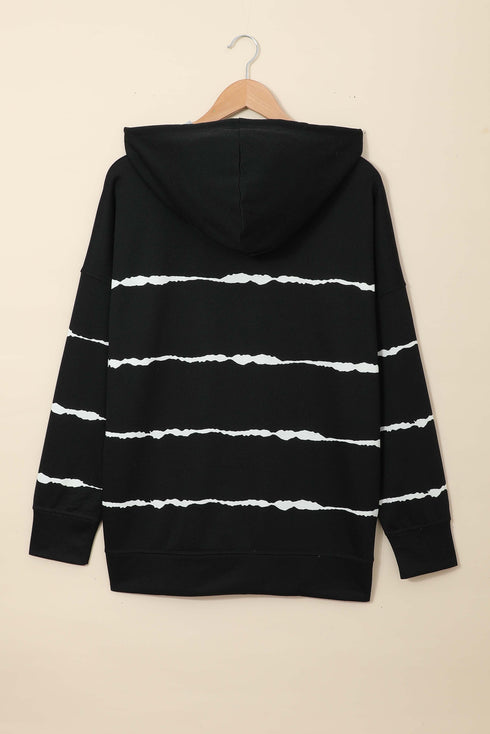 Tie-Dye Striped Drawstring Hoodie With Side Split Tops