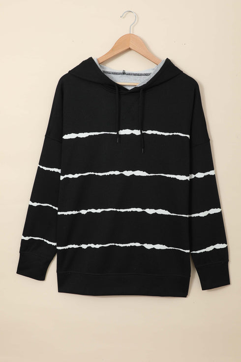 Tie-Dye Striped Drawstring Hoodie With Side Split Tops