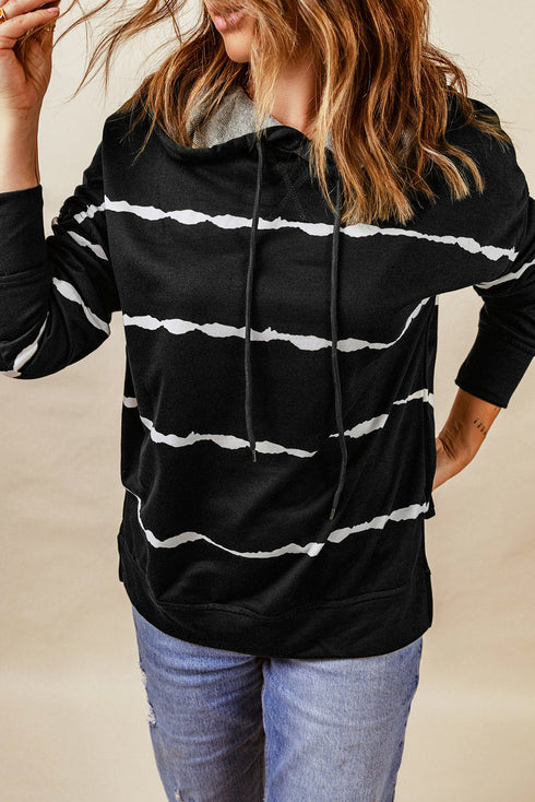 Tie-Dye Striped Drawstring Hoodie With Side Split Tops