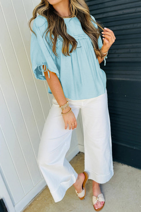 Tie Front Half Sleeve Pleated Detail Babydoll Blouse
