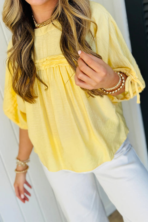 Tie Front Half Sleeve Pleated Detail Babydoll Blouse