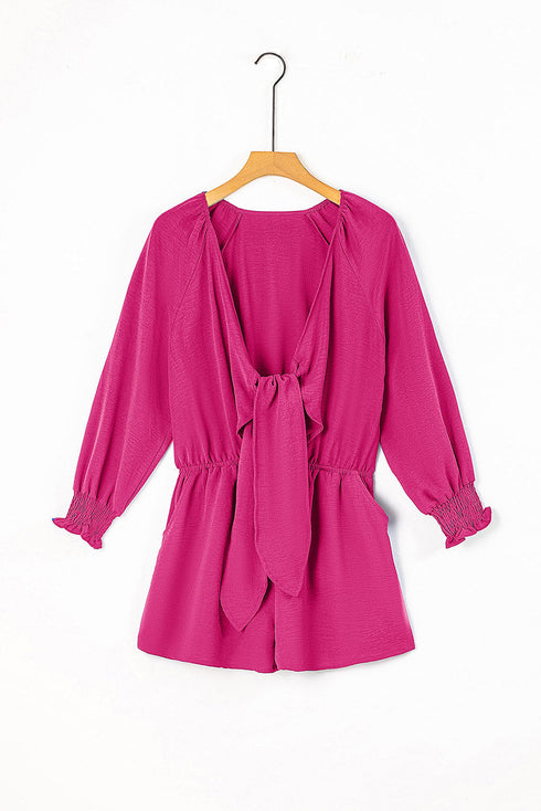 Tie Knot V Neck Puff Long Sleeve Solid Romper