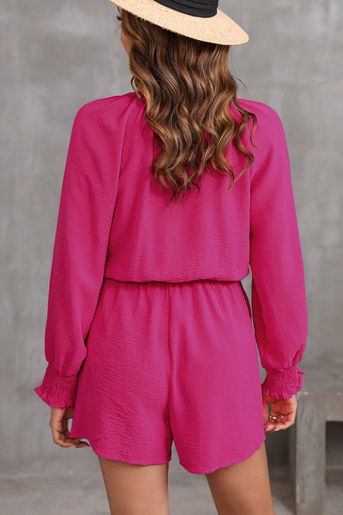 Tie Knot V Neck Puff Long Sleeve Solid Romper