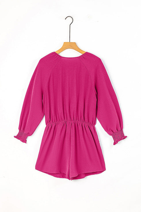 Tie Knot V Neck Puff Long Sleeve Solid Romper